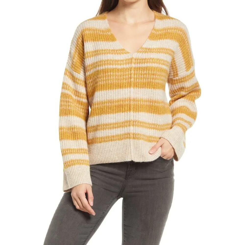 MADEWELL | Yellow Alpaca Merino Wool Blend Stripe Sweater V-Neck Boxy Pullover M